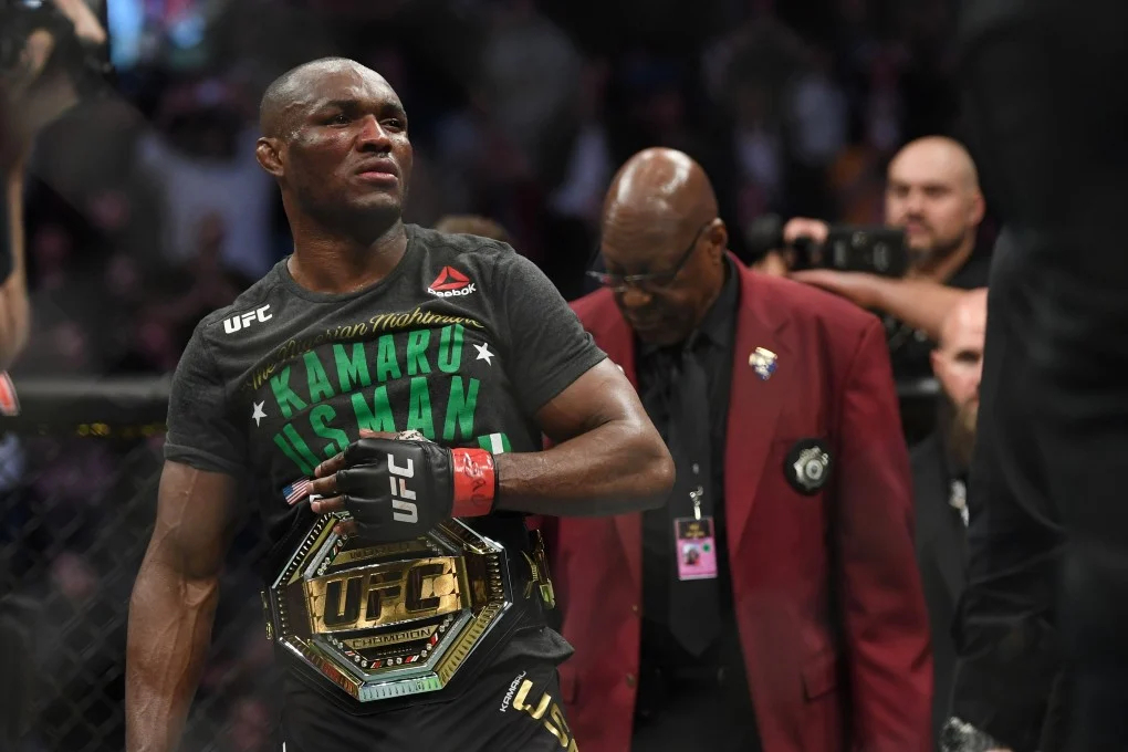 Kamaru Usman with his welterweight title.