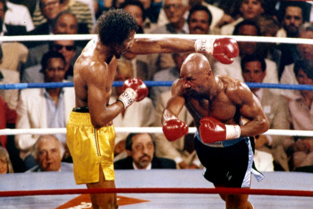 Dois dos melhores boxeadores de todos os tempos, Marvin Hagler e Tommy Hearns, lutando entre si.