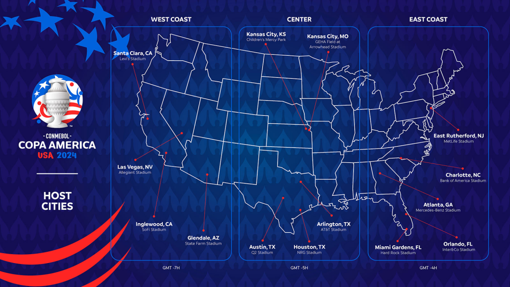 Mapa com o local dos estádios da Copa América 2024.