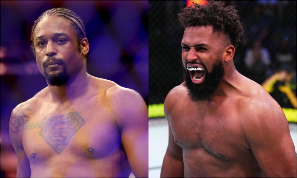 Montagem com duas imagens de lutadores do UFC. À esquerda, um lutador com tranças e tatuagem no peito com o símbolo do Superman, expressão séria e olhar focado. À direita, outro lutador com barba volumosa e protetor bucal com formato de dentes afiados, expressando intensidade ao gritar dentro do octógono.